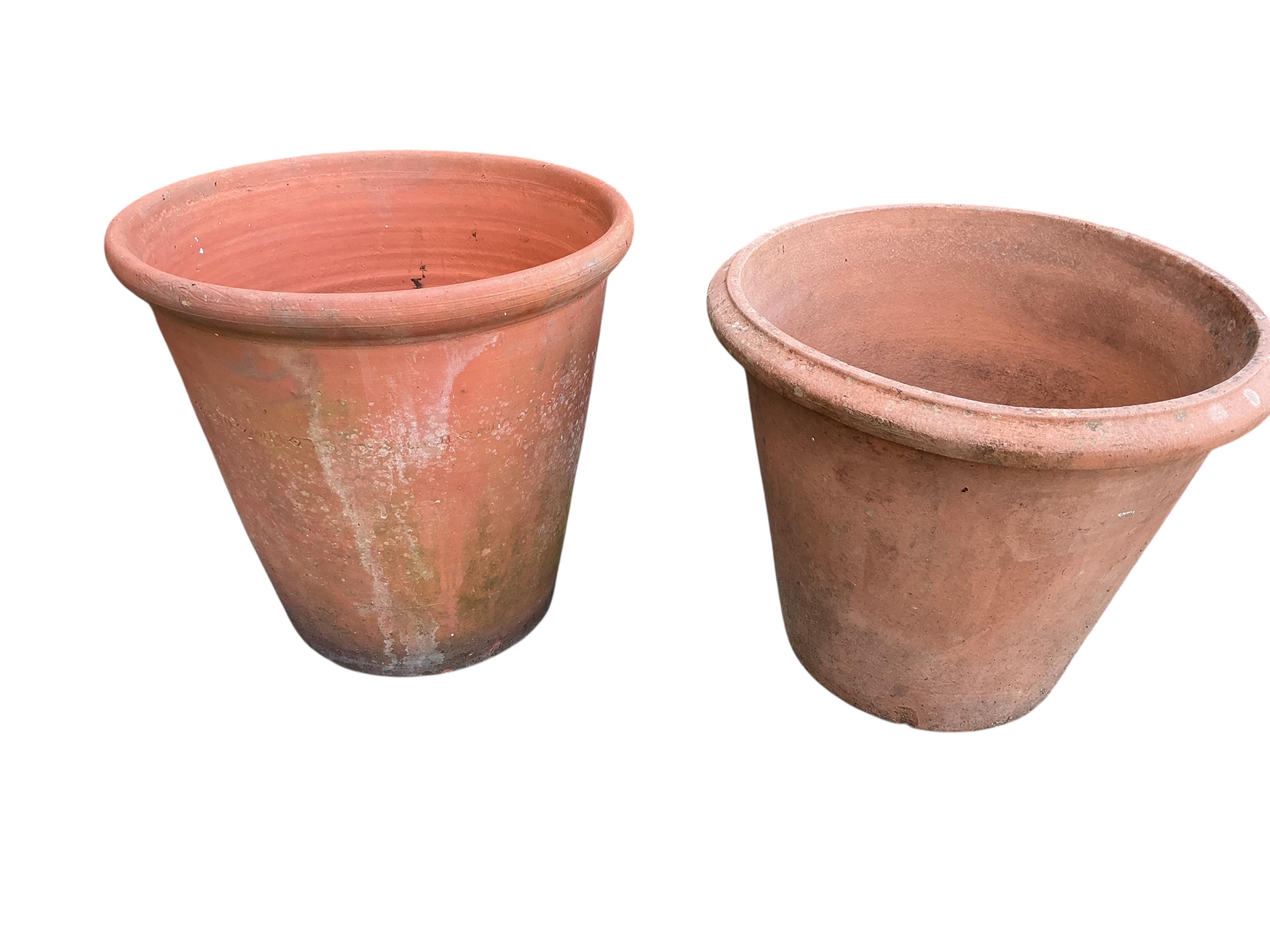 Four circular terracotta garden planters including a Sankey Bulwell pot, largest diameter 40cm, height 36cm
